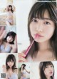 A collage of photos of a woman brushing her teeth.